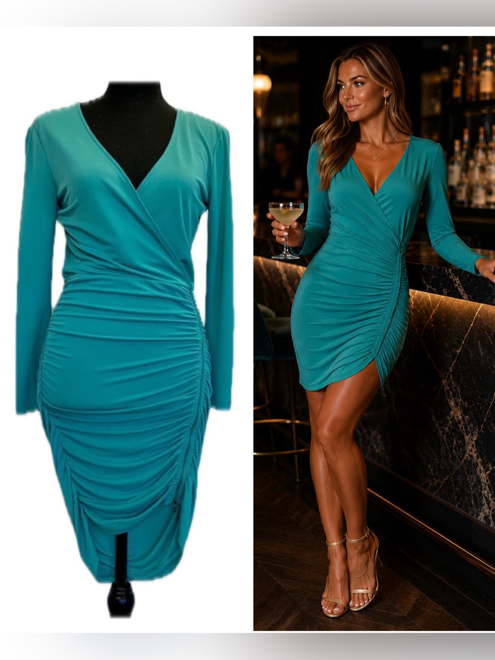 BCBGMAXAZRIA teal blue seagreen long sleeve wrap ruched mini dress Sz S